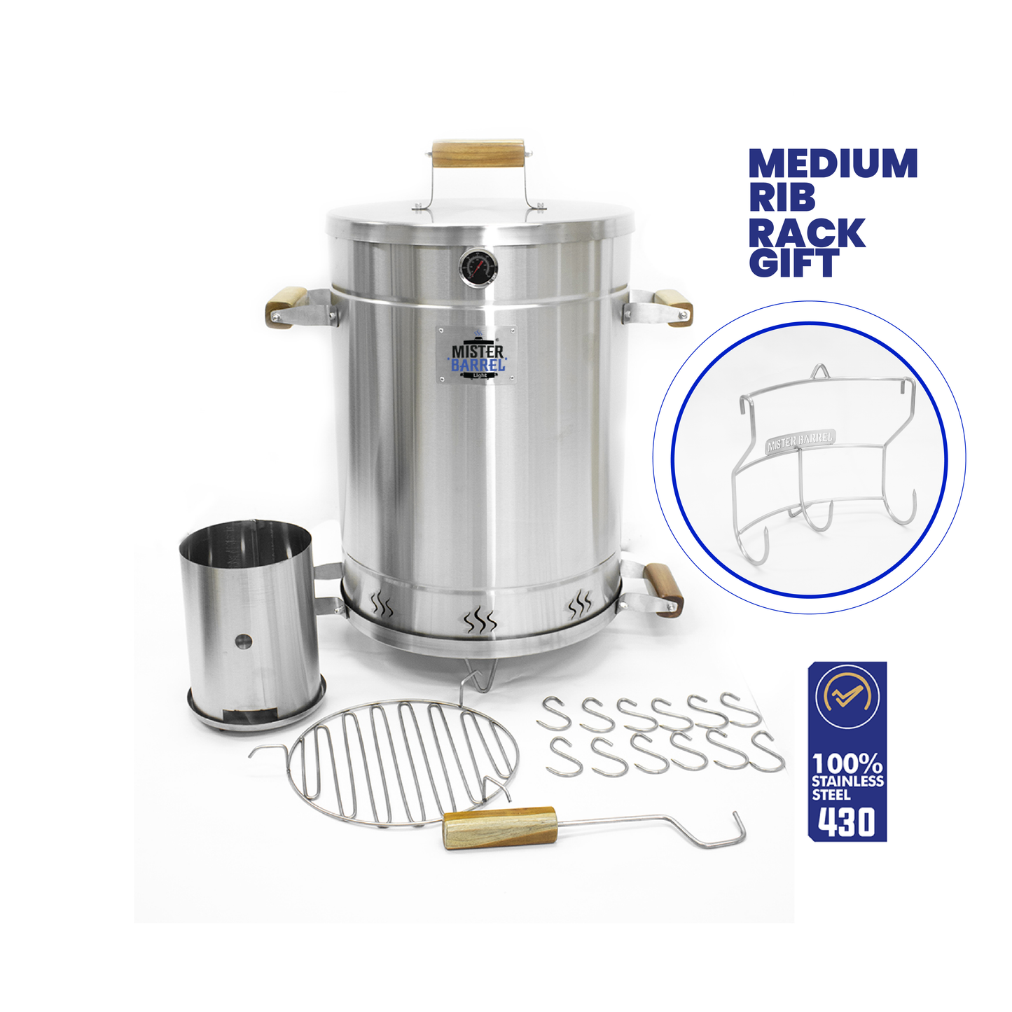 Light Medium Mister Barrel BBQ Smoker & Grill+ Free Rib Rack