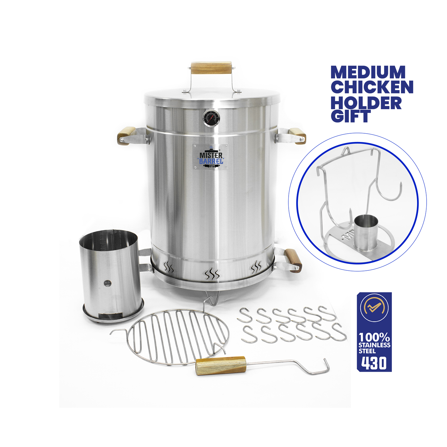 Light Mister Barrel Smoker & Grill - Medium - (Medium Chicken Holder GIFT)