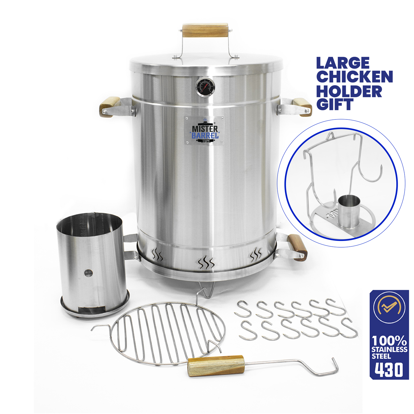 Light Large Charcoal Barrel Grill & Smoker + Free Chicken Holder
